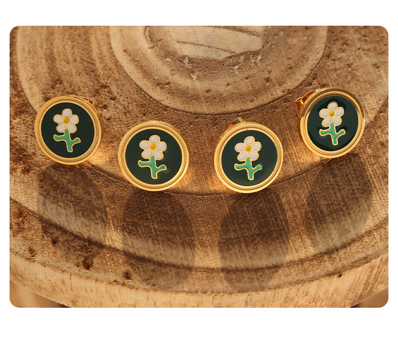 New Accessories Titanium Steel Clavicle Chain Oil-Spot Glaze Flowers Necklace Earrings Jewelry Set