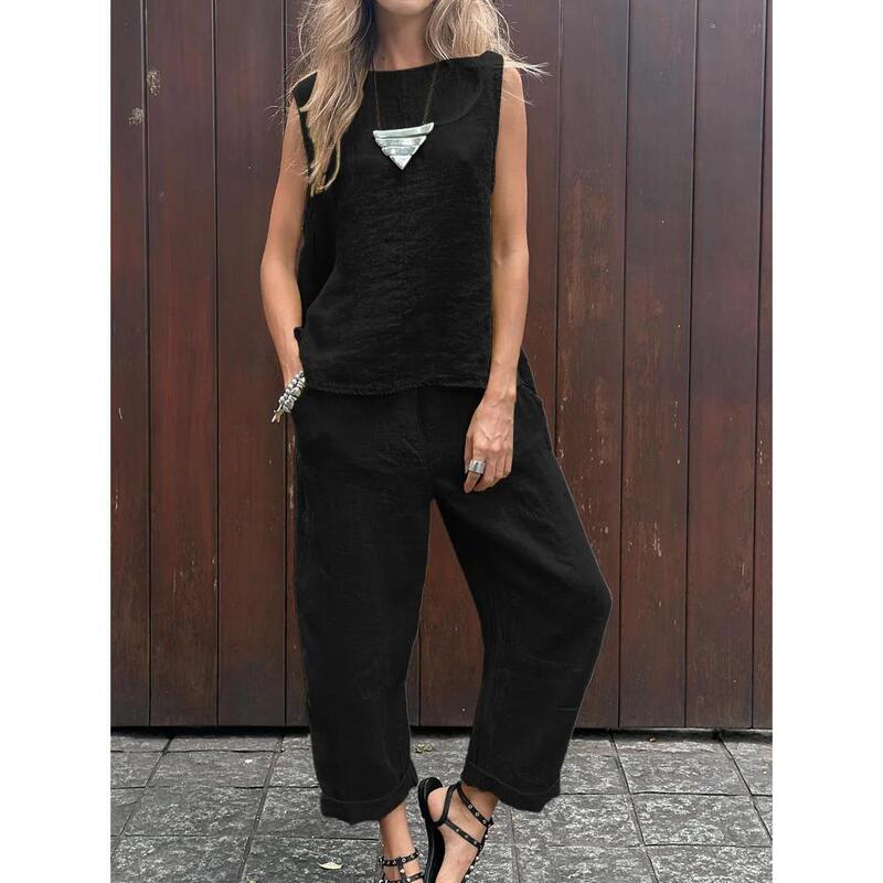Southeast Asia Spring and Summer Large Size Loose Cotton and Linen Casual Sleeveless Trousers Fashion Sports Suit Foreign Trade Wholesale