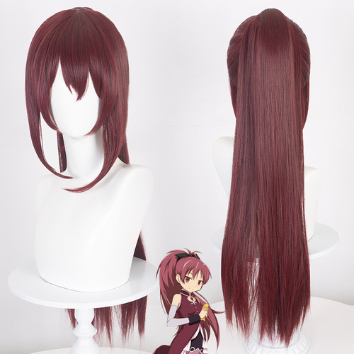 Cardamom Puella Magi Madoka Magica Sakura Kyoko cosplay dark red wig tiger mouth clip single ponytail