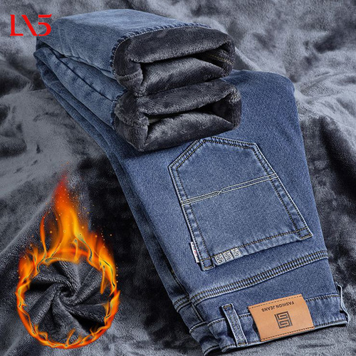 Men's Fall/Winter Fleece Lined Thick Straight Leg Business Loose Trousers Elastic Pants Spring and Autumn Season