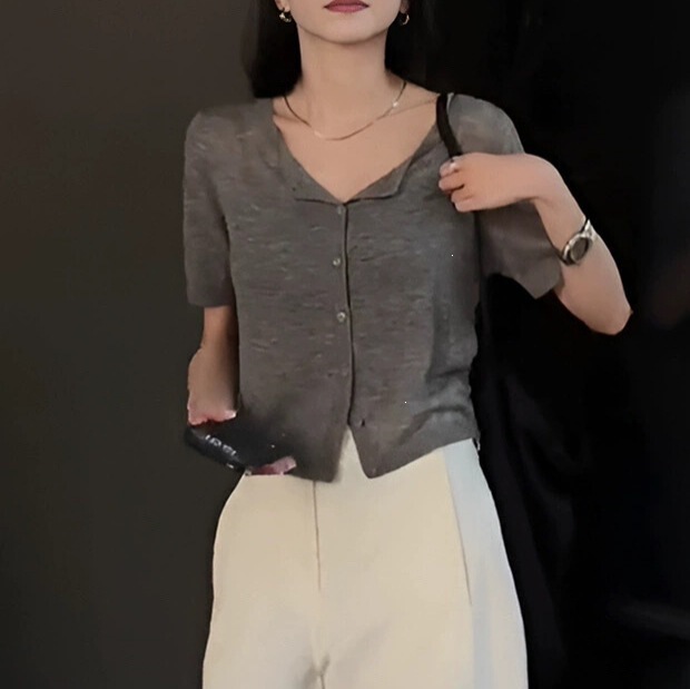 Summer New Style Slightly See-Through Short Cardigan Women's Round Neck Knitted Three-Quarter Sleeve Blouse Gray Outer Top