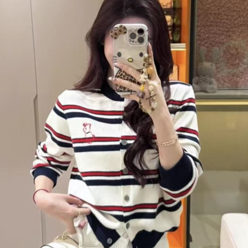 American Preppy Style Sweater Cardigan 2025 New Autum Lazy Retro Waist Short Style Knitted Top for Women