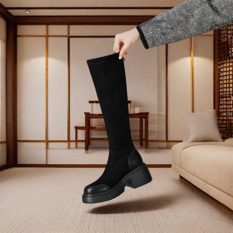 재고 스웨이드 두꺼운 바닥 마틴 부츠 여성의 가을과 겨울 두꺼운 힐 7CM 하이힐 플랫폼 라이트 바닥 탄성 슬림
