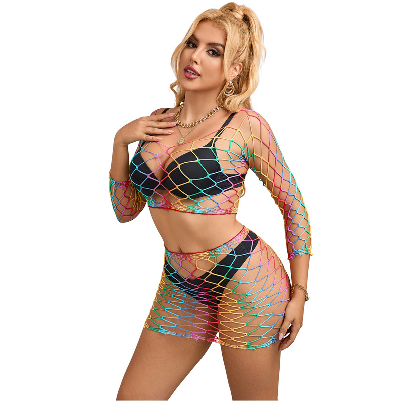 Conjunto de Dos Piezas de Lencería Sexy de Talla Grande para Comercio Exterior Europeo y Americano, Top de Malla Multicolor Sexy con Hombros Descubiertos y Medias de Red Ajustadas a la Cadera H3522