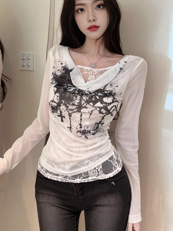 【工厂现货】网纱拼接蕾丝秋季印花罩衫荡领薄上衣长袖T恤女ins|undefined