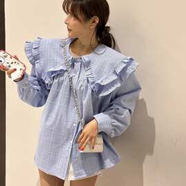 韩系法式荷叶边大翻领格纹衬衫女春秋宽松娃娃衫浅蓝格子长袖上衣