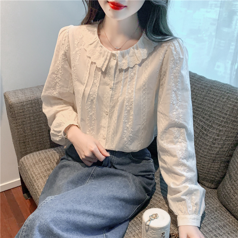 2025秋季新款内搭娃娃领长袖设计感显瘦甜美衬衫女打底上衣杏色|undefined