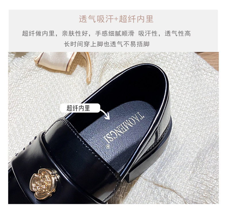Giày lười nữ da phong cách Anh khóa xu, đế dày gót 3–5 cm, mũi tròn, size lớn — Màu Đen/lót nhung, Màu đen/lót một lớp chi tiết 9