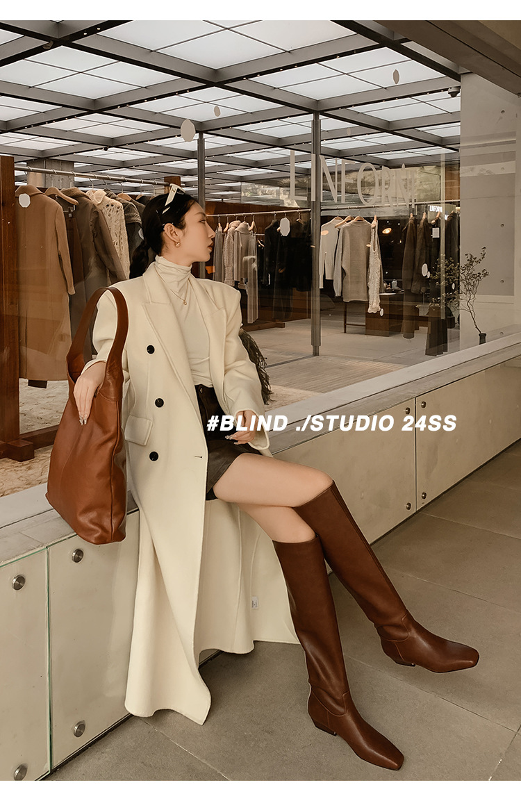 Boot nữ da thật ống rộng mũi vuông cổ cao đến đầu gối gót thấp — màu nâu, đen chi tiết 8