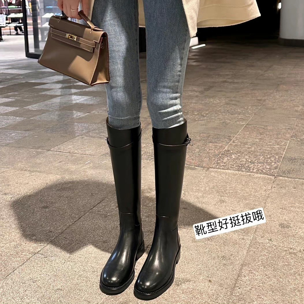 牛皮版~真皮斜口锁扣带粗跟高筒骑士靴女长靴子秋冬显脚小长筒靴