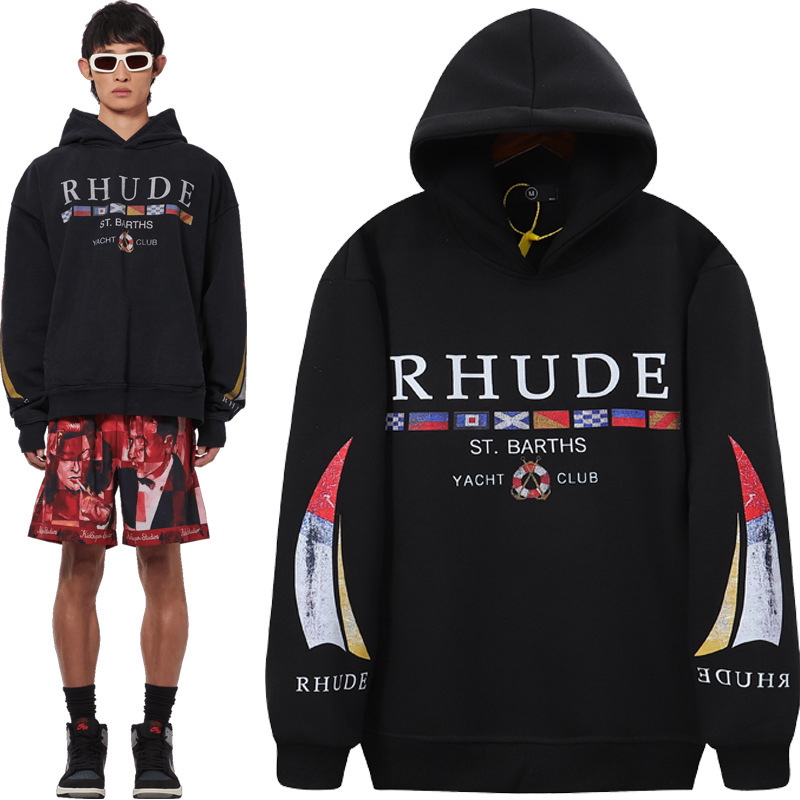 Rhude European and American High Street Loose Youth Couple Pullover Fleece-Lined Hooded Work Clothing Casual Ins Trendy Brand Sweatshirt
