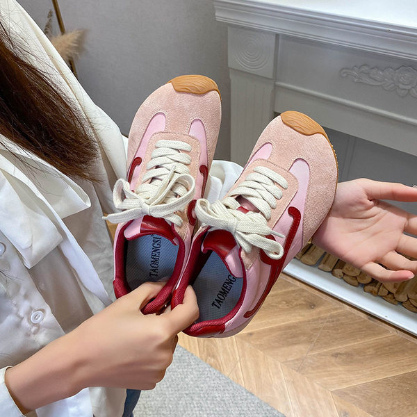 Giày sneaker nữ dáng Agandexun buộc dây tăng chiều cao bên trong 5 cm, mũi tròn, phong cách casual — Màu hồng, Màu nâu đậm, Màu xám, Màu đen