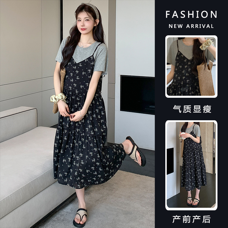 2025 New Summer Fashion Cotton Patchwork Floral Chiffon Skirt Mid-Length Loose Flesh-Covering Maternity Dress Trendy
