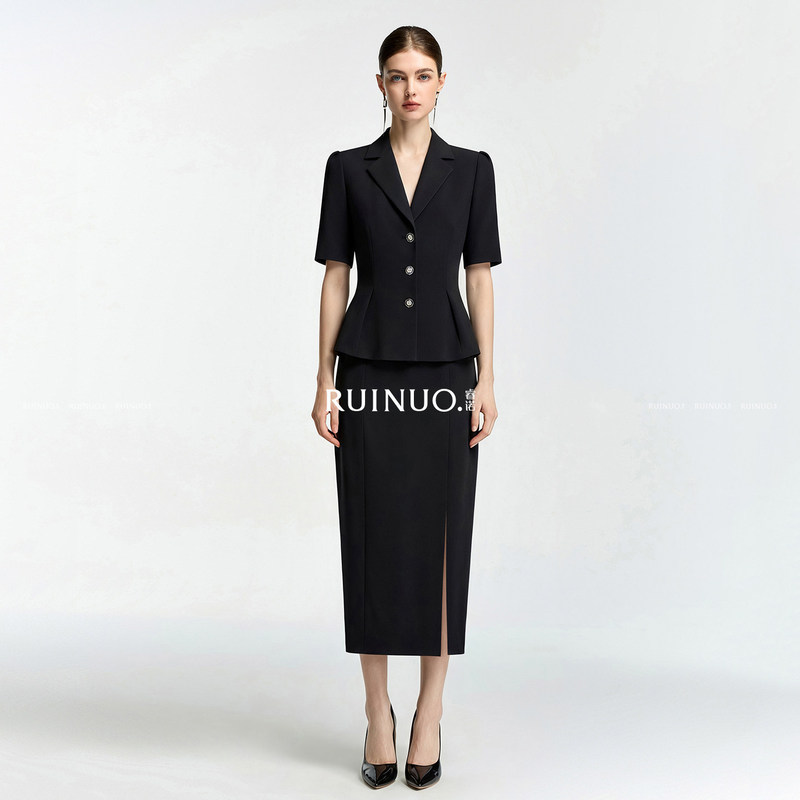 Ruino Black Blazer Women's Summer Elegant Hip-Hugging Skirt Two-Piece Set Single-Breasted Commuter Business Professional Suit Ruino Black Blazer Women's Summer Elegant Hip-Hugging Skirt Two-Piece Set Single-Breasted Commuter Business Professional Suit