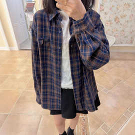 磨毛棉格子衬衫春季新款女复古高级感衬衣内搭叠穿上衣秋冬薄外套