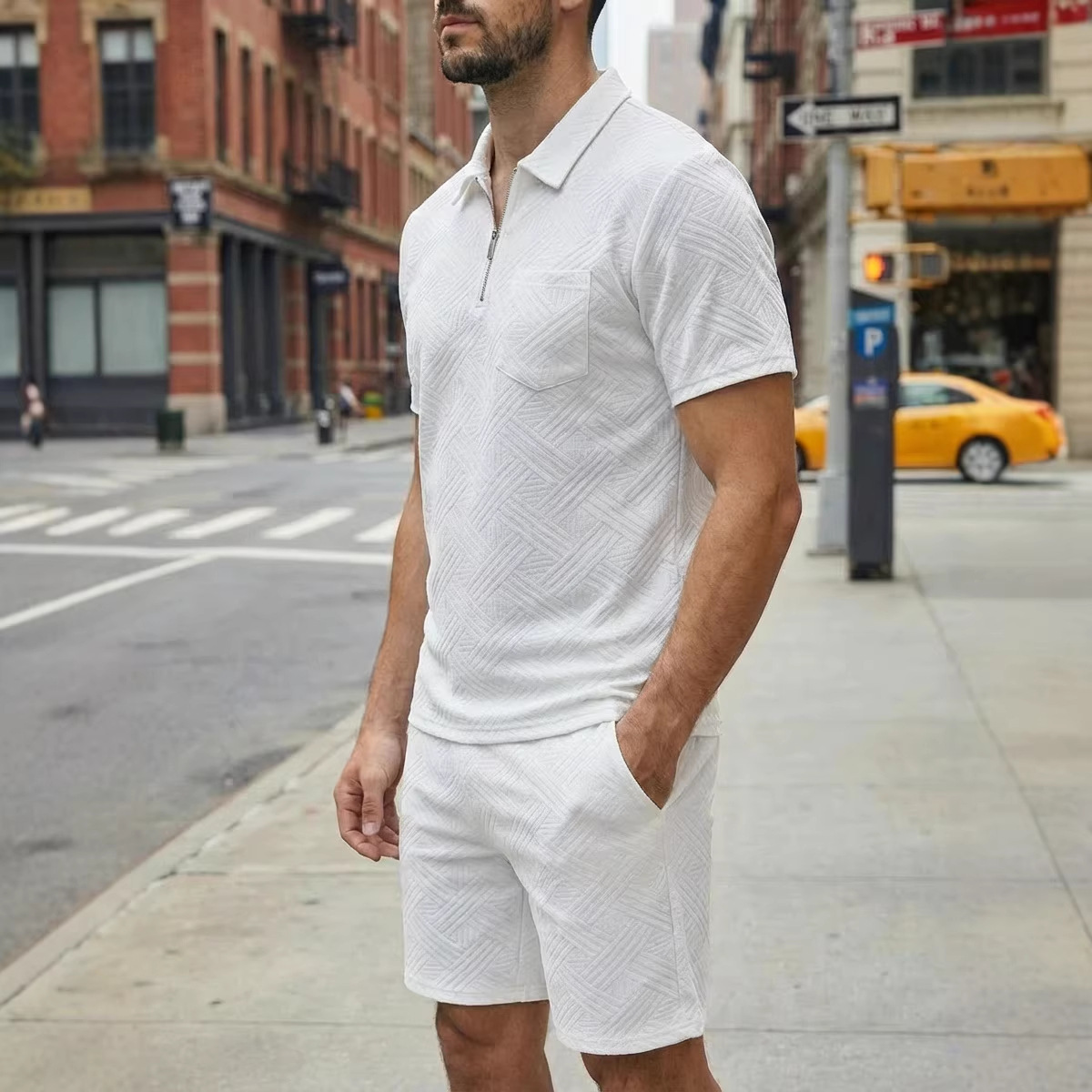 Zweiteiliges Herren-Set aus Waffelstrick, einfarbig, Sommer, Kurzarm, Shorts mit Tasche und Jacquard-Kragen._voghion.com