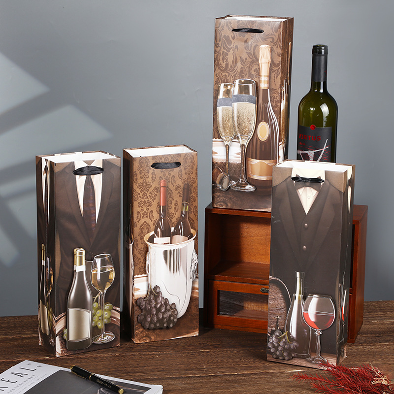 高档红酒包装盒单瓶双瓶装红酒礼盒葡萄酒水包装袋现货批发白卡纸