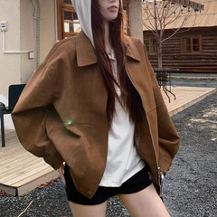 【原版雪花皮】美拉德复古麂皮绒外套女秋季宽松翻领休闲机车夹克