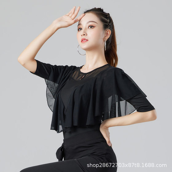 2024 Latin dance clothing female adult dance mid-sleeve mesh modern dance practice clothes Ballroom Dance Top dancing clothes