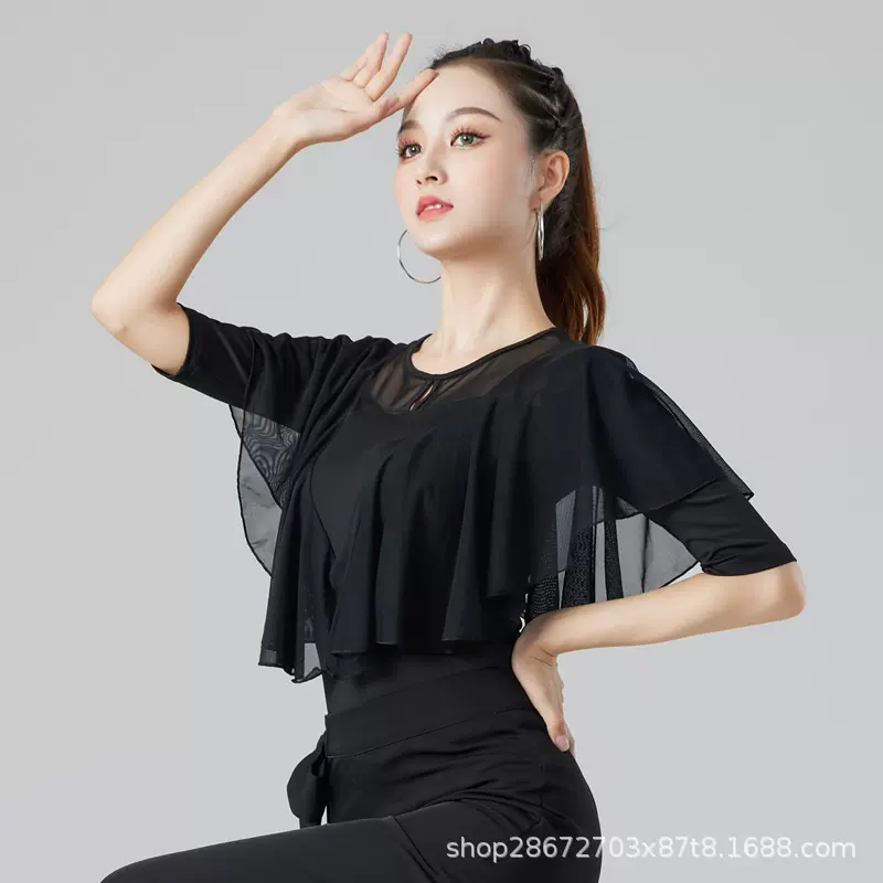 2024拉丁舞服装女成人舞蹈中袖网纱摩登舞练功服交谊舞上衣跳舞衣