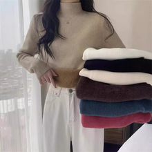 加绒加厚仿水貂毛打底衫毛衣女冬装2024新款修身半高领内搭针织衫