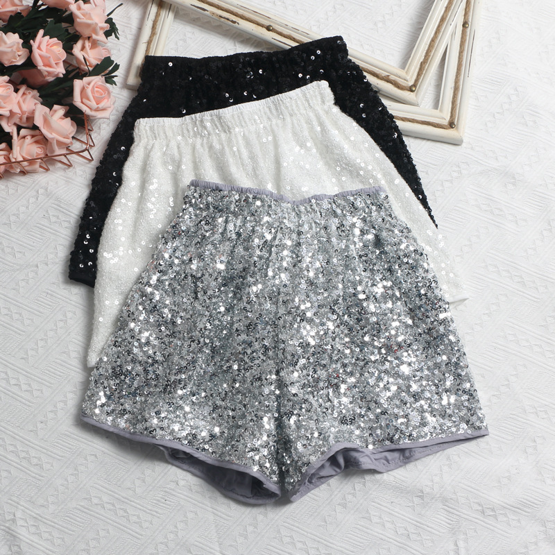 Real shot details good lining sequins shorts high waist wide leg pants elastic waist casual slim hot pants 9915