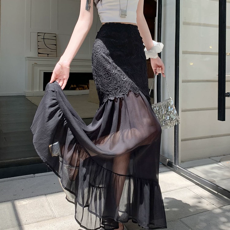 Юбка-рыбка из сетки, женская, кружевная, лето 2025, новая, высокая талия, стройнящая, драпированная, А-силуэта, облегающая бедра, длинная