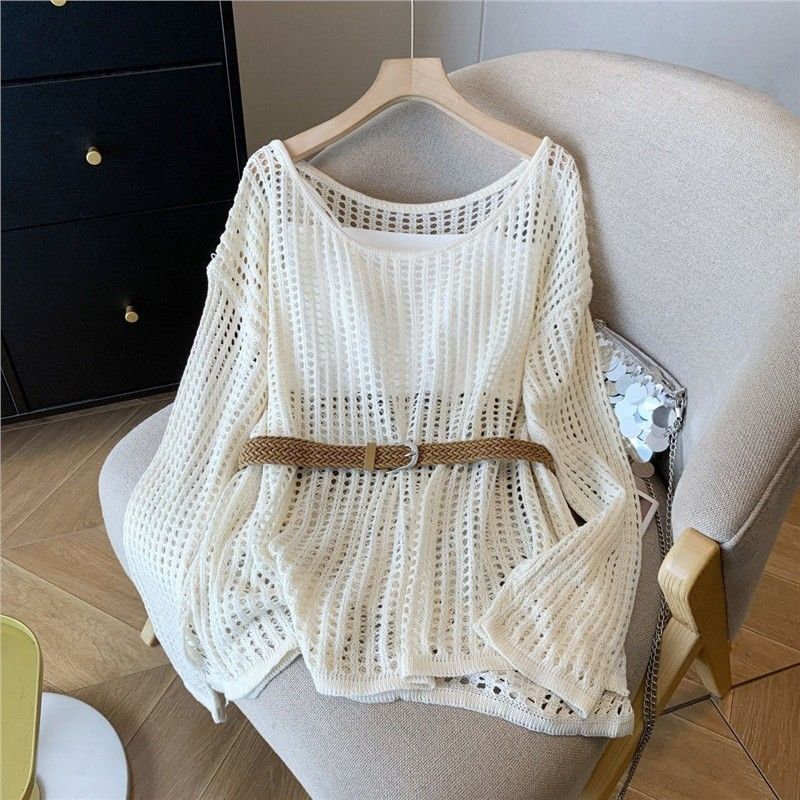 【With Belt】Knitted Hollow Out Women's Spring and Autumn Outfit, Age-Reducing, Slimming, Lazy Style, Super Beautiful and Unique Blouse