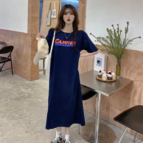 2025 Summer New Korean Slit Letter Print Knee-Length Loose Plus Size Short-Sleeve T-Shirt Dress for Women