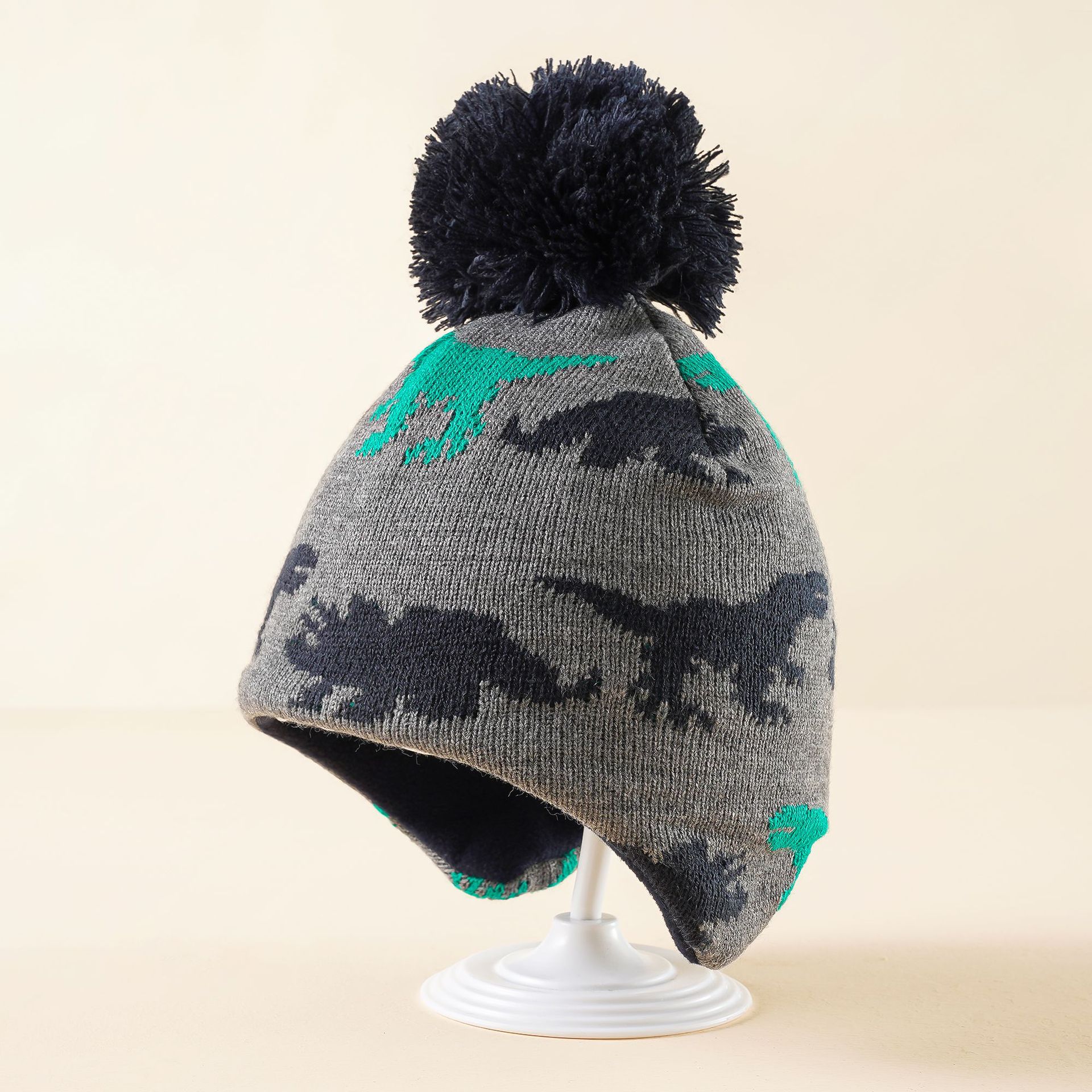 Protección para los oídos de otoño e invierno para niños de punto de dinosaurio a rayas con forro polar sombrero cálido niño lindo sombrero de punto de dibujos animados