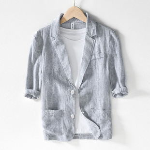 Cotton and Linen Quarter-Sleeved Blazer Men's Summer Thin Mid-Sleeve Linen Suit Casual Pure Color Youth Top