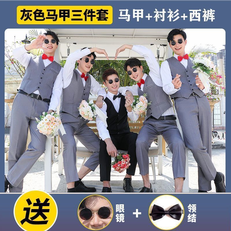伴郎服兄弟装大码白衬衣长袖衬衫套装夏季男士结婚礼服兄弟团衣服|undefined