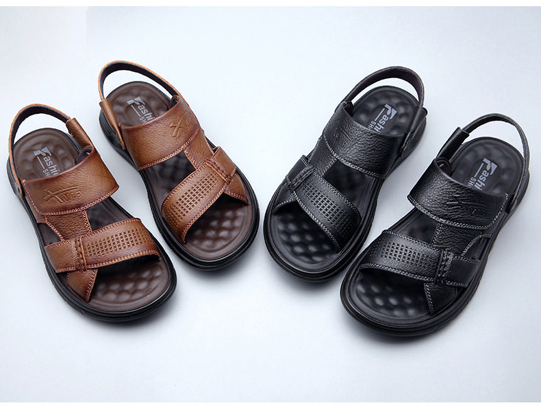 Dép sandal nam da bò hở ngón gót bằng 2,5 cm thoáng khí chống trượt — Kaki, Màu đen chi tiết 20