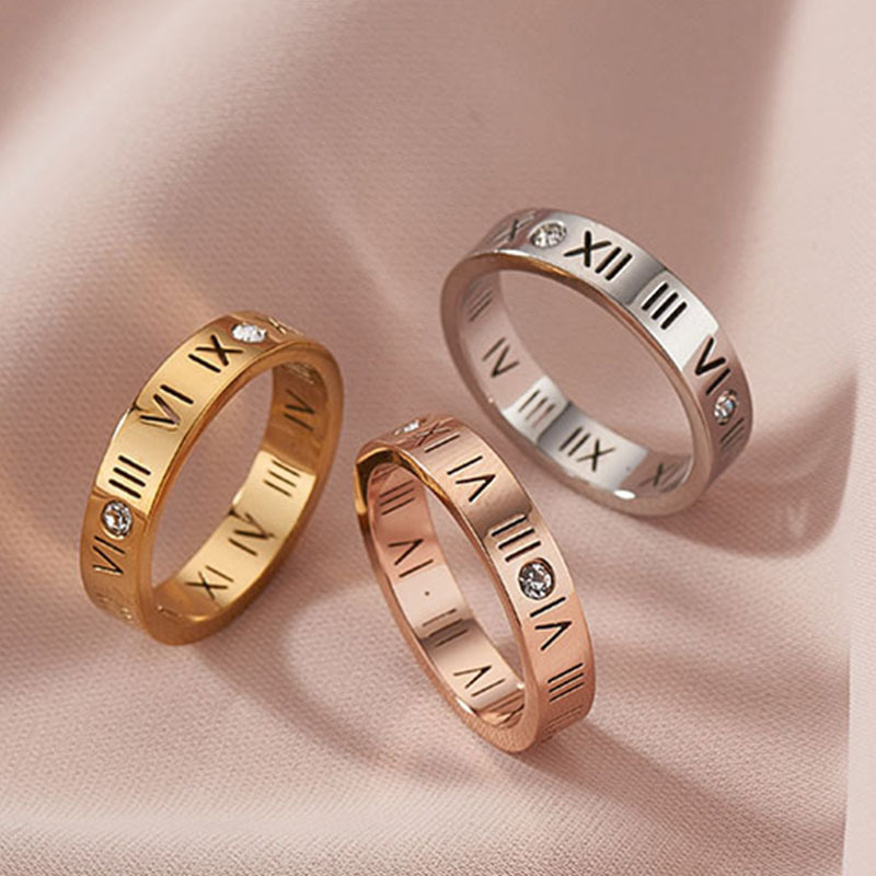 Korean Style High-End Trendy Titanium Steel Couple Ring for Women Roman Numeral Inlaid Zircon Ring for Men Popular Jewelry