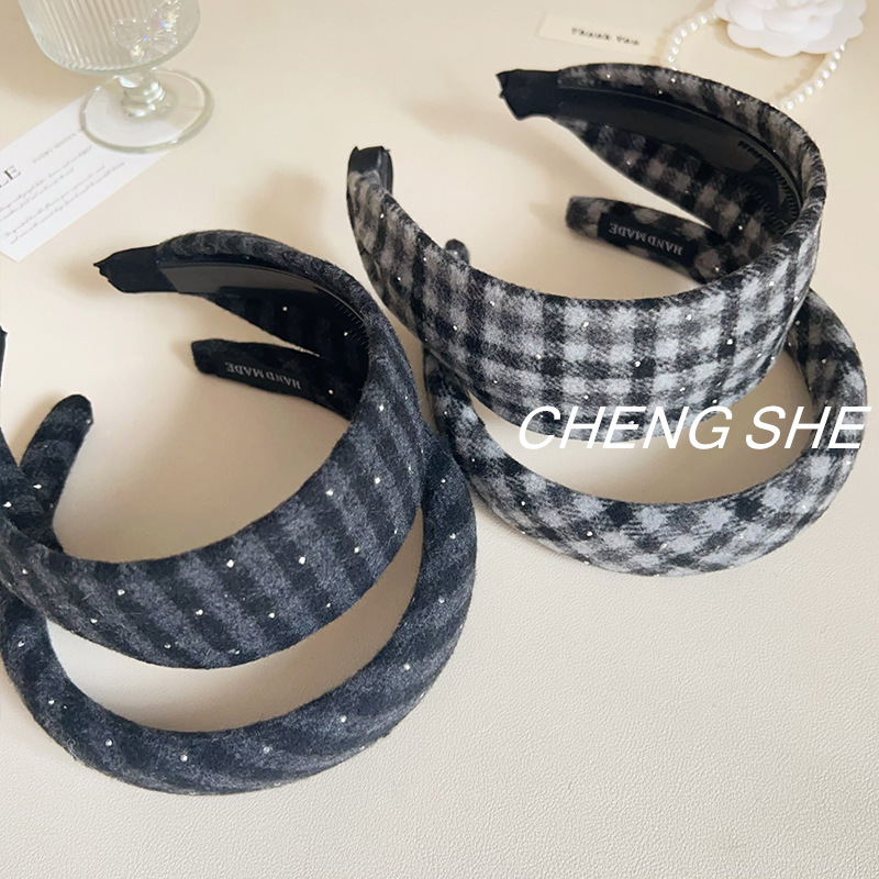 秋冬新款呢子料灰系格纹发箍高级感美拉德时尚复古高颅顶发饰女|undefined