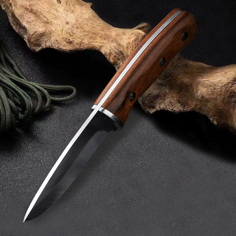 Outdoor high -hardness stainless steel camping straight knife portable meat cut meat, meat, fruit knife multi -function wood handle straight knife