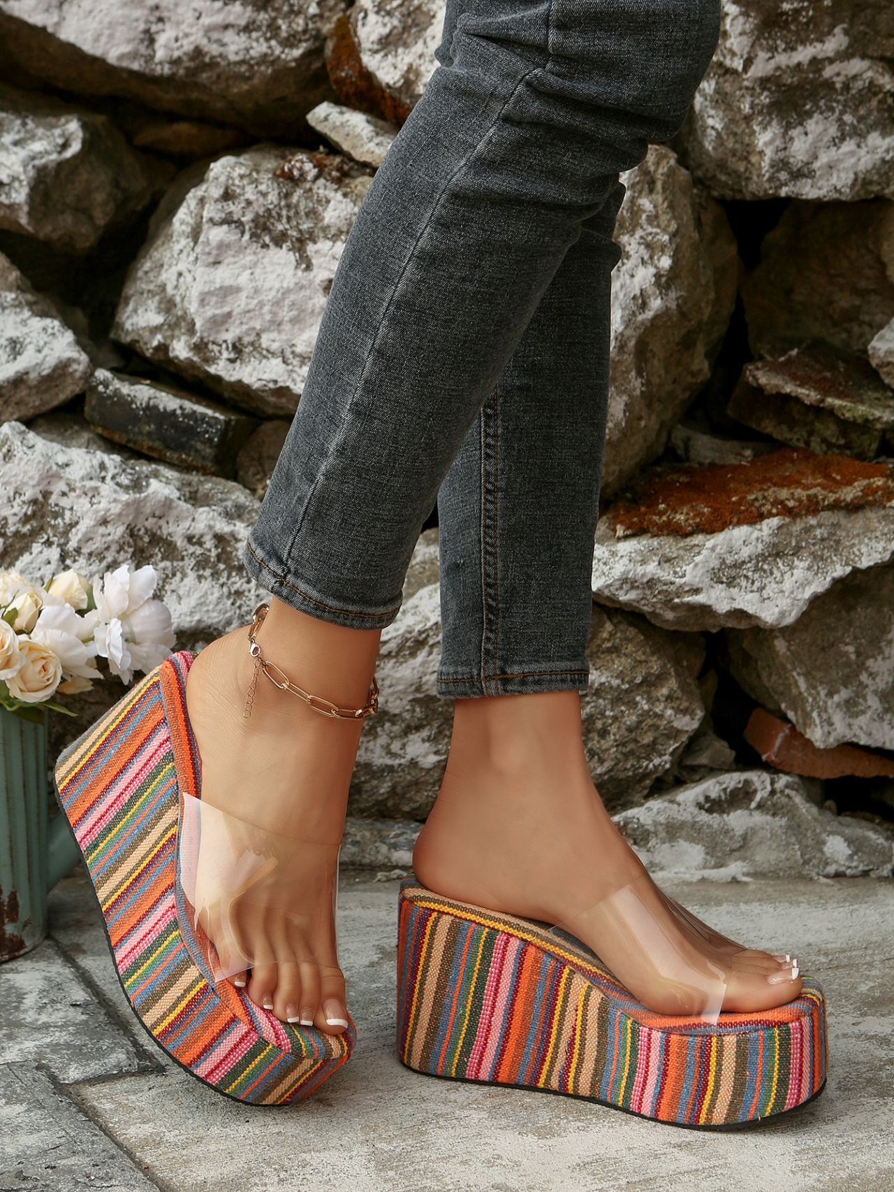 Women's Plus Size Striped Colorful Platform Sandals European American Style Transparent Wedge Summer New Style Size 43_vogvips.com
