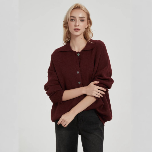 Women's Loose Polo Neck Knit Sweater, Western Style Fashion, Autumn Encore, Red