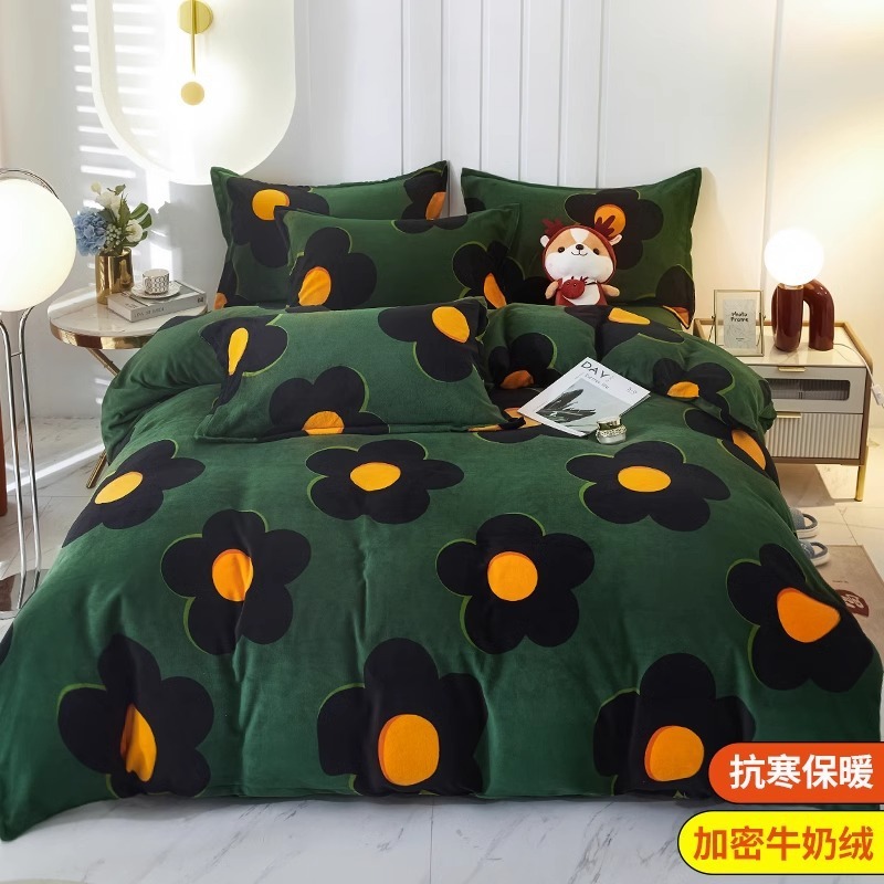 Cama de terciopelo de leche de cuatro piezas, doble cara de invierno más brida de terciopelo, sábana de terciopelo de coral, funda de edredón, ropa de cama de felpa de tres piezas