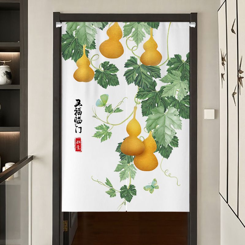 Chinese-Style Home Door Curtain for Five Blessings, Bedroom Bathroom Partition Curtain, Kitchen Oil-Proof Curtain, No-Drill Half Curtain