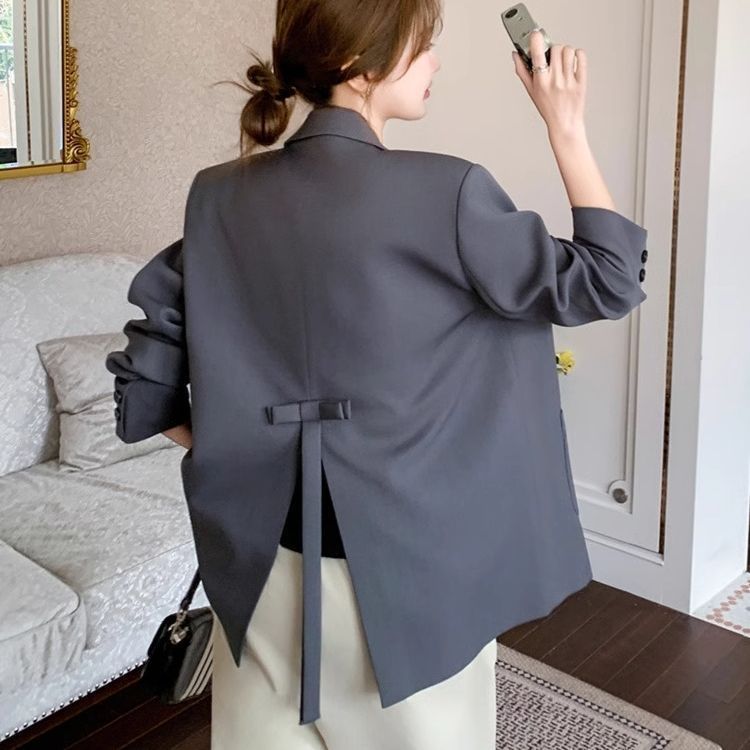 超火休闲灰色西装外套女春秋2025新款设计感小心机开叉蝴蝶结西服|undefined