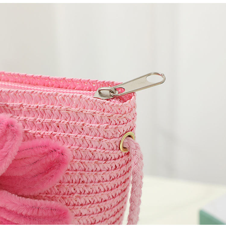 67g Weight Weave Fashion Element Zipper Closure Type Single Shoulder Strap Strap Type Straw Bag Bags Type Casual, Holiday Occasion Straw Material Flower Pattern Spring&Summer Season Kid'S Gender Cute Style Round, Bucket Shape Kid'S Straw Flower Cute Weave Round Bucket Zipper Straw Bag 4