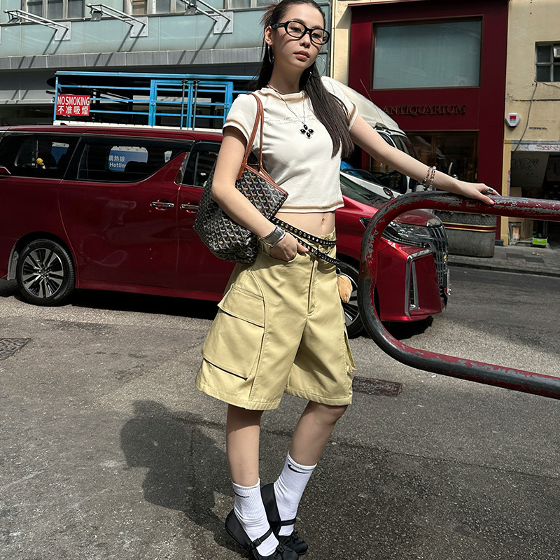 Mmfish Fashionable Street Style Double Flap Pocket Pants Blogger Loose Wide-Leg Casual Splicing Five-Point Cargo Pants 25K038