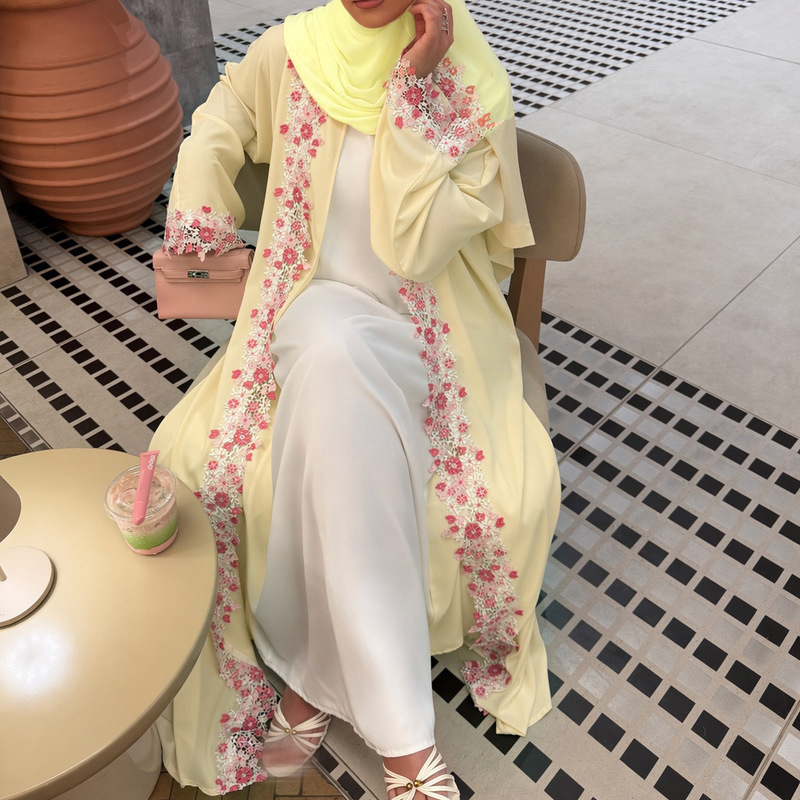 HYK001 New style cream yellow and pink three-dimensional floral lace cardigan with loose bell sleeves and long robe