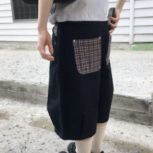 现/TCM格子贴布拼色口袋宽松休闲短裤七分裤