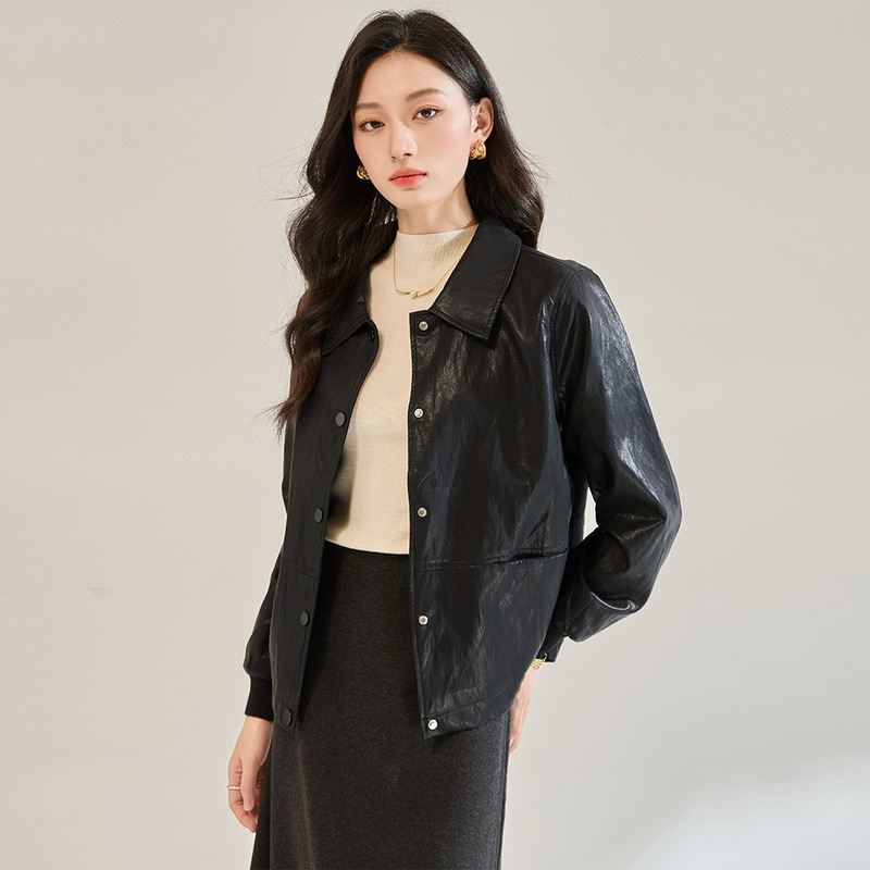 26 Spring New Style Metallic Pu Leather Jacket Eco-Friendly Leather Shirt Jacket Black Relaxed Short Coat 29013
