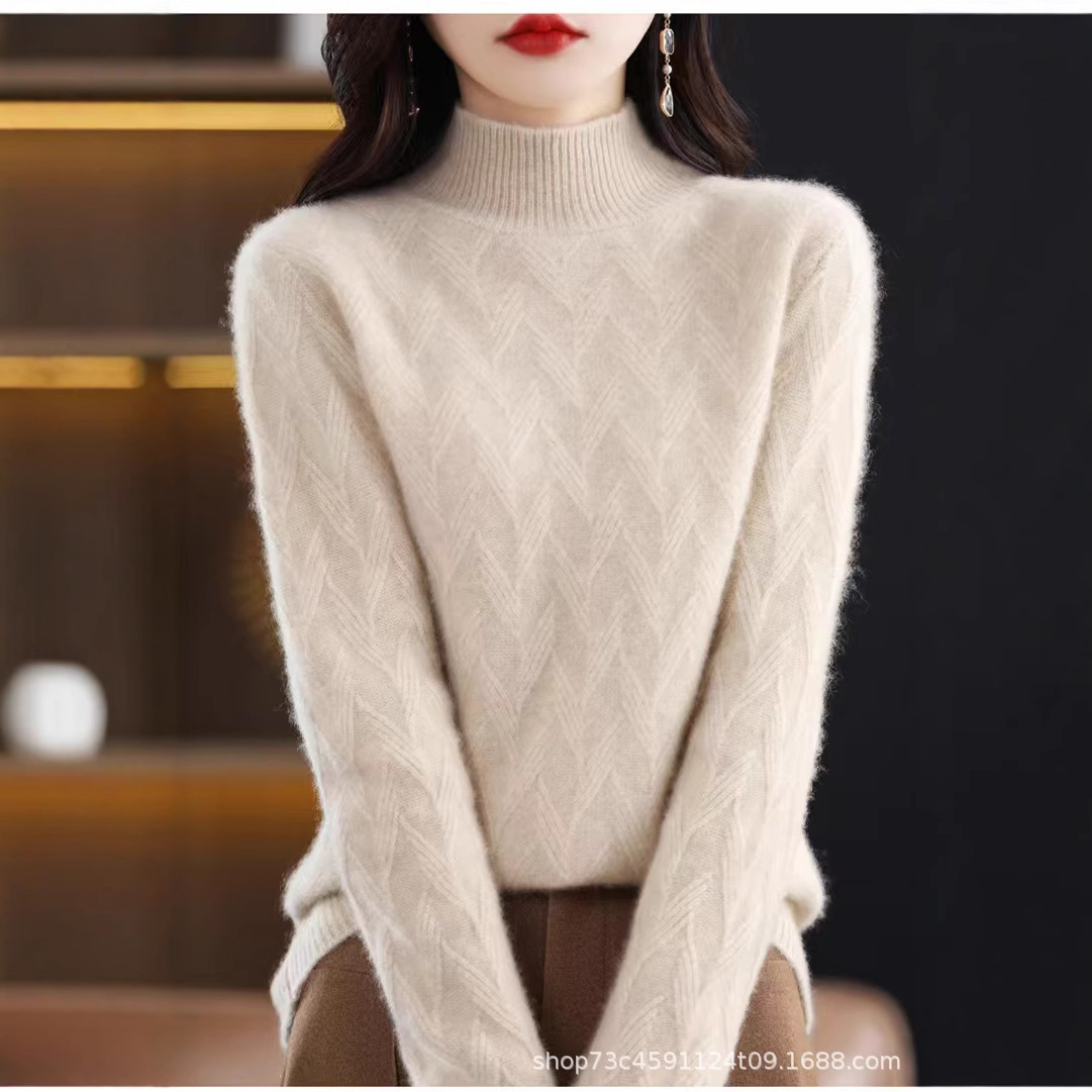 24 가을과 겨울 새로운 무거운 두꺼운 양모 스웨터 하프 하이 칼라 브랜치 패턴 디자인 캐시미어 스웨터베이스 풀오버 스웨터