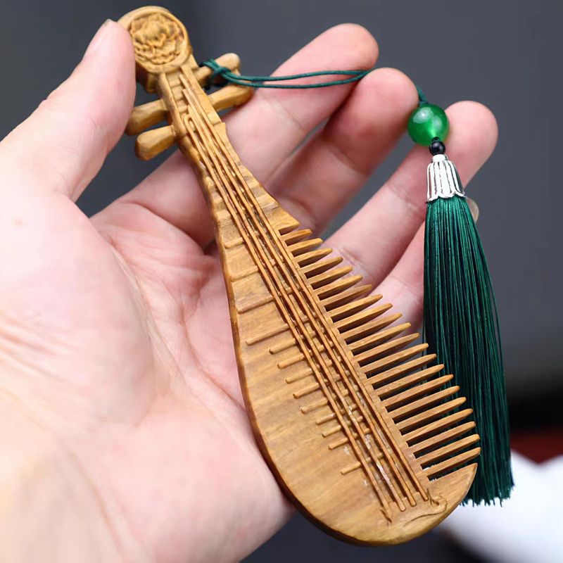 绿檀木梳琵琶梳带流苏雕刻按摩发梳子汉服古装配饰道具文创礼品|undefined