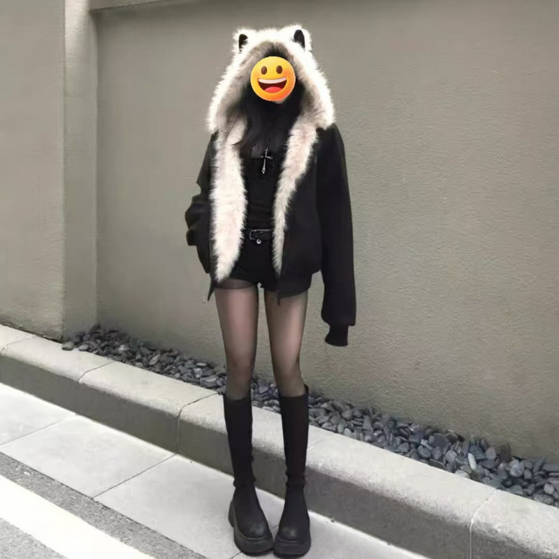 麂皮绒座山毛茸茸棉服女冬季新款加厚美式棉衣外套