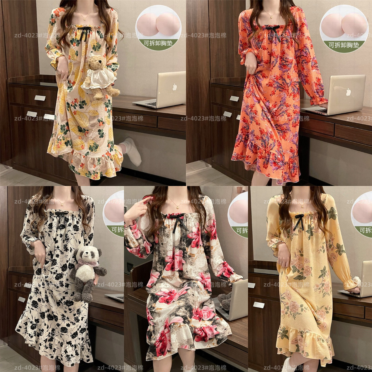 Primavera y otoño con cojín de pecho pijama de mangas largas temperamento femenino flor de algodón tejido burbuja tela arrugada pijama vestido largo